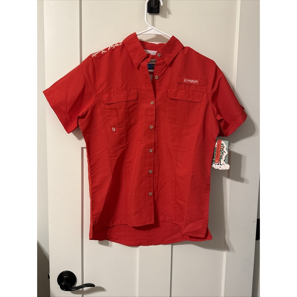 Magellan Fishing Shirt Womens XS Red Scenic Deer Laguna Madre Button Down UPF 30